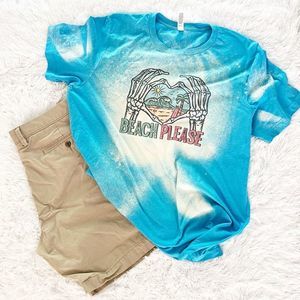 Beach Please Skeletal Heart Handmade Bleached Tee, Unisex Sz XL